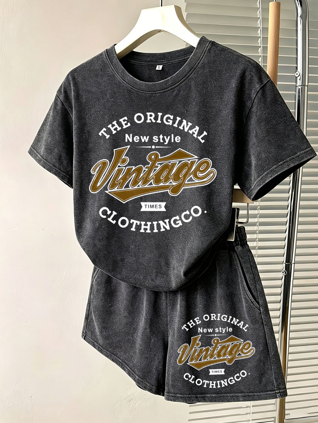 Summer Autumn Fashion Distressed Washed Short Sleeve Shorts with Drawstring Casual Women'S Set, Comfortable for Hot Weather, Classic Silhouette, Relaxed Fit, Casual Home And Outing Two-Piece Set - Black