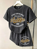 Summer Autumn Fashion Distressed Washed Short Sleeve Shorts with Drawstring Casual Women'S Set, Comfortable for Hot Weather, Classic Silhouette, Relaxed Fit, Casual Home And Outing Two-Piece Set - Black