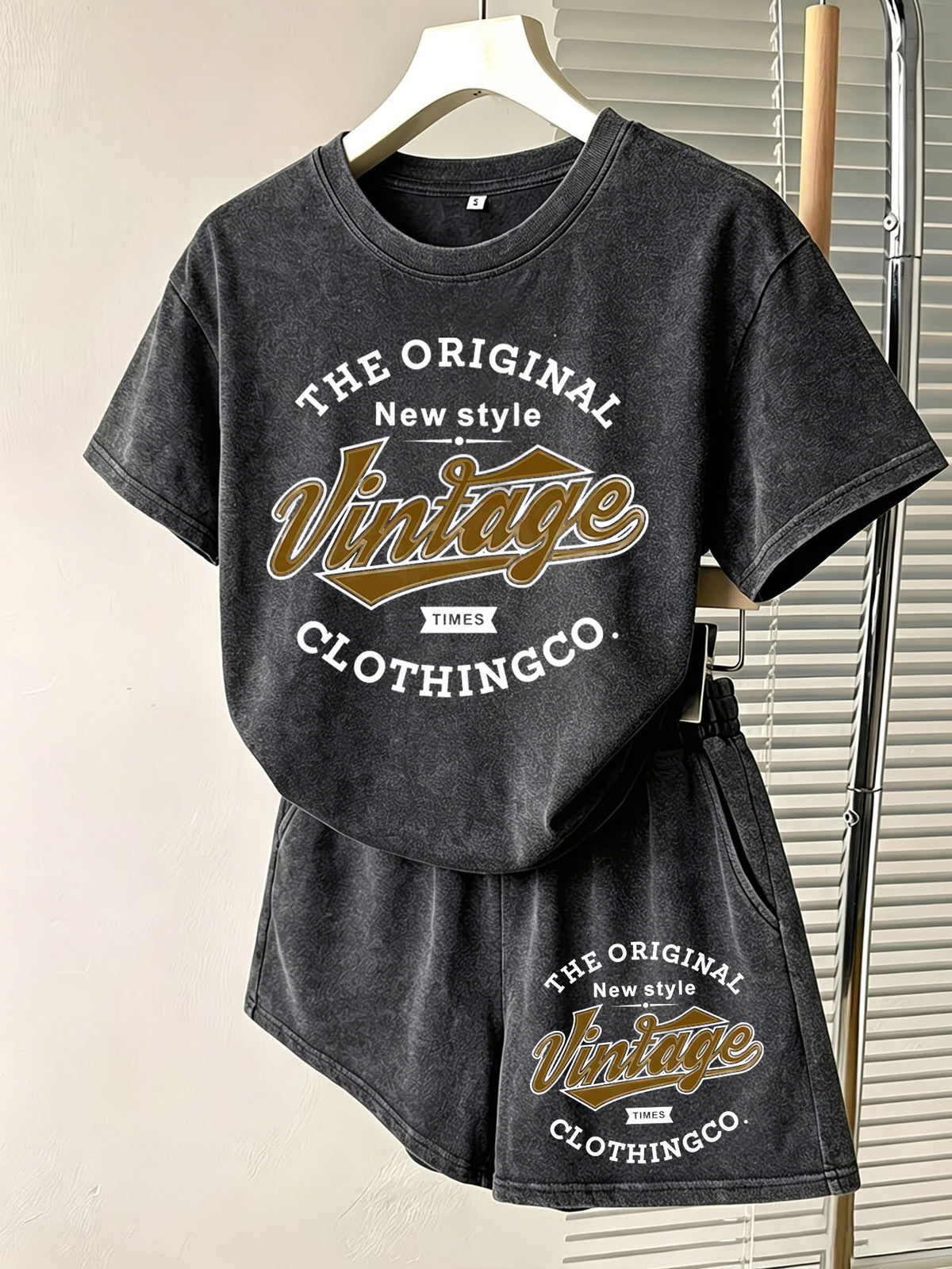 Summer Autumn Fashion Distressed Washed Short Sleeve Shorts with Drawstring Casual Women'S Set, Comfortable for Hot Weather, Classic Silhouette, Relaxed Fit, Casual Home And Outing Two-Piece Set - Black