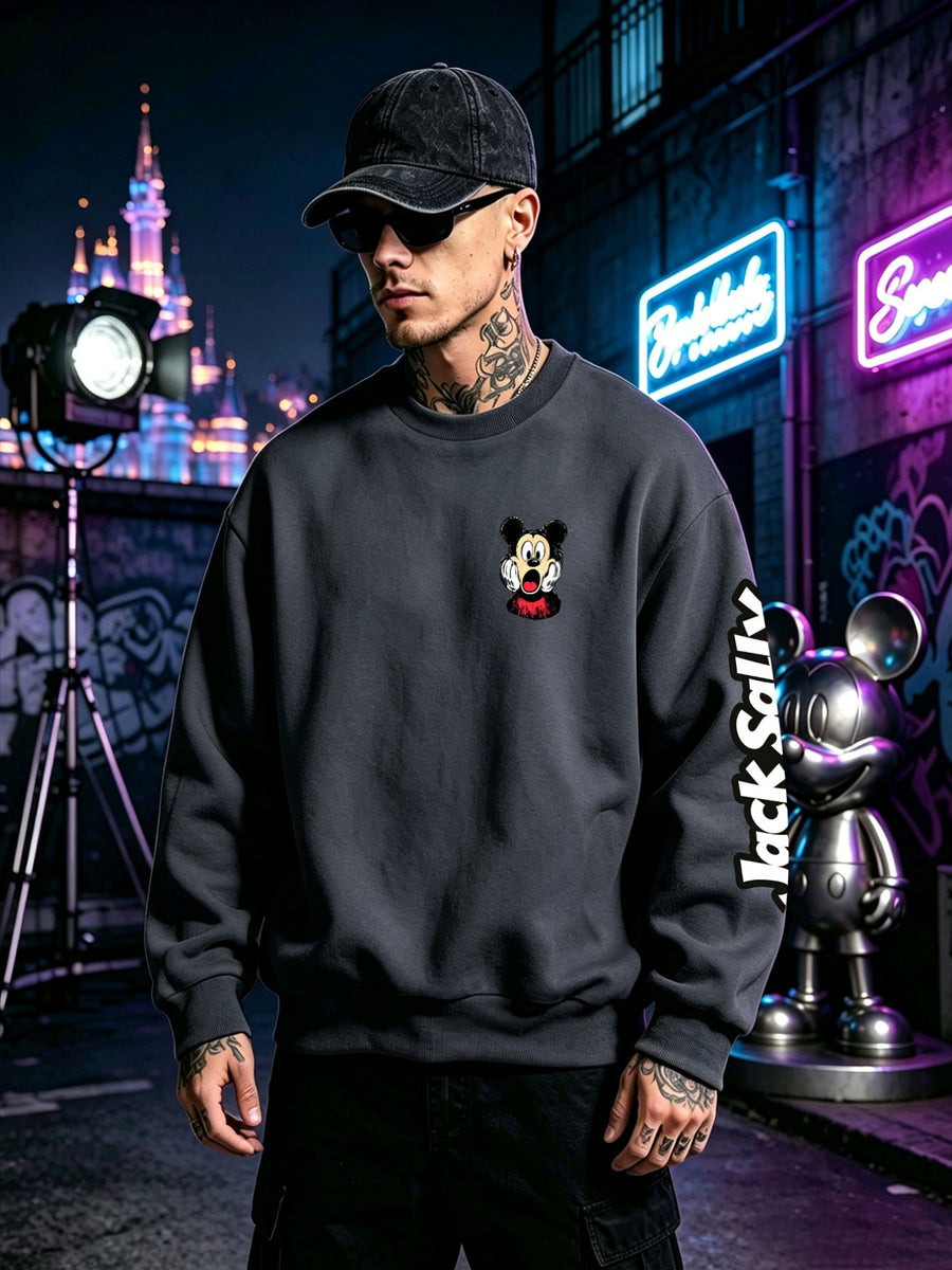 Halloween Sweatshirt, Men's Autumn/Winter Long-Sleeve Top, Casual and Versatile Sweatshirt, "Disney" Mickey Mouse Scared Face Print Men's Apparel, Perfect for Holiday Outfits, Daily Wear, and Party Attire - Grey-blue