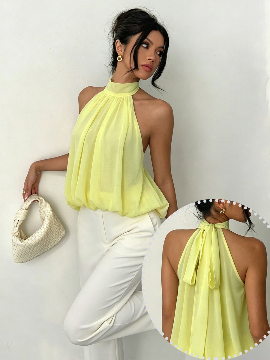Women's Elegant Halter Neck Tie-Back Semi-Sheer Lightweight Top - Goose Yellow