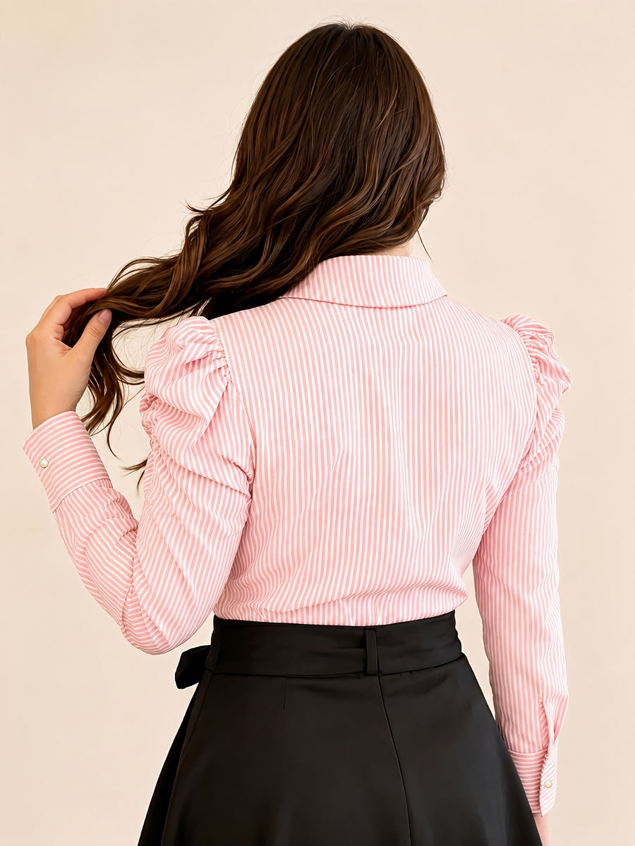 Extended Version: Women's Striped Long-Sleeve Business Shirt, Elegant Commuter Blouse with Front Button Design, Office Workwear - Pink Stripes
