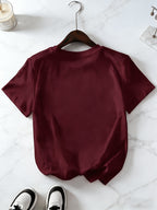 Minimalist HI Letter Print T-Shirt, Y2K Trendy Loose Casual Short Sleeves - Burgundy