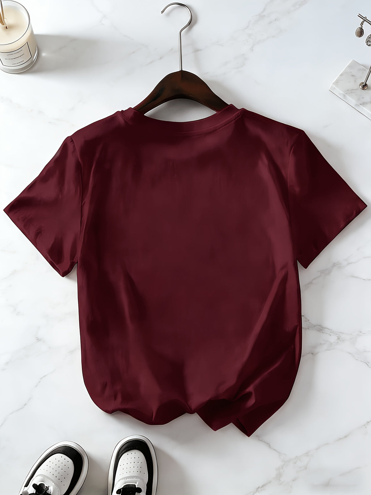 Minimalist HI Letter Print T-Shirt, Y2K Trendy Loose Casual Short Sleeves - Burgundy