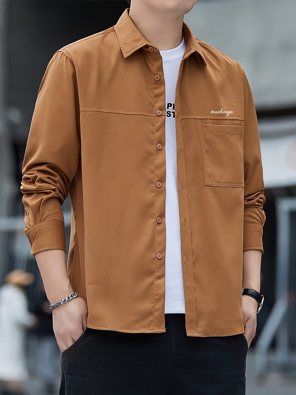 Men'S Long Sleeve Shirt Patchwork Single Pocket Letter Print Outdoor Casual Spring Autumn Regular Daily Commute Office Date Party - Rust