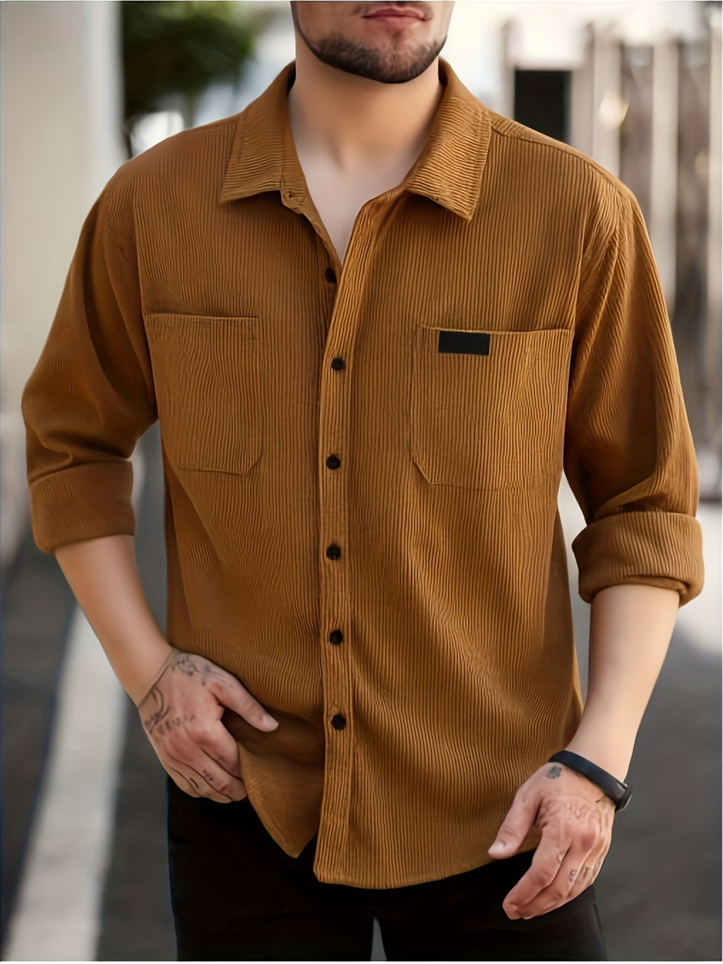 Spring And Autumn Men'S Corduroy Shirt (Jacket) Long Sleeve Lapel Double Pocket Regular Casual Retro Cool Top (Multi-Color) - Chocolate