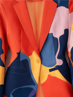 Women'S Abstract Color-Block Blazer, Single-Button Irregular Lapel Design, with Long Sleeves, Slim Fit, Suitable for Office Commute Or Casual Wear - Orange Red