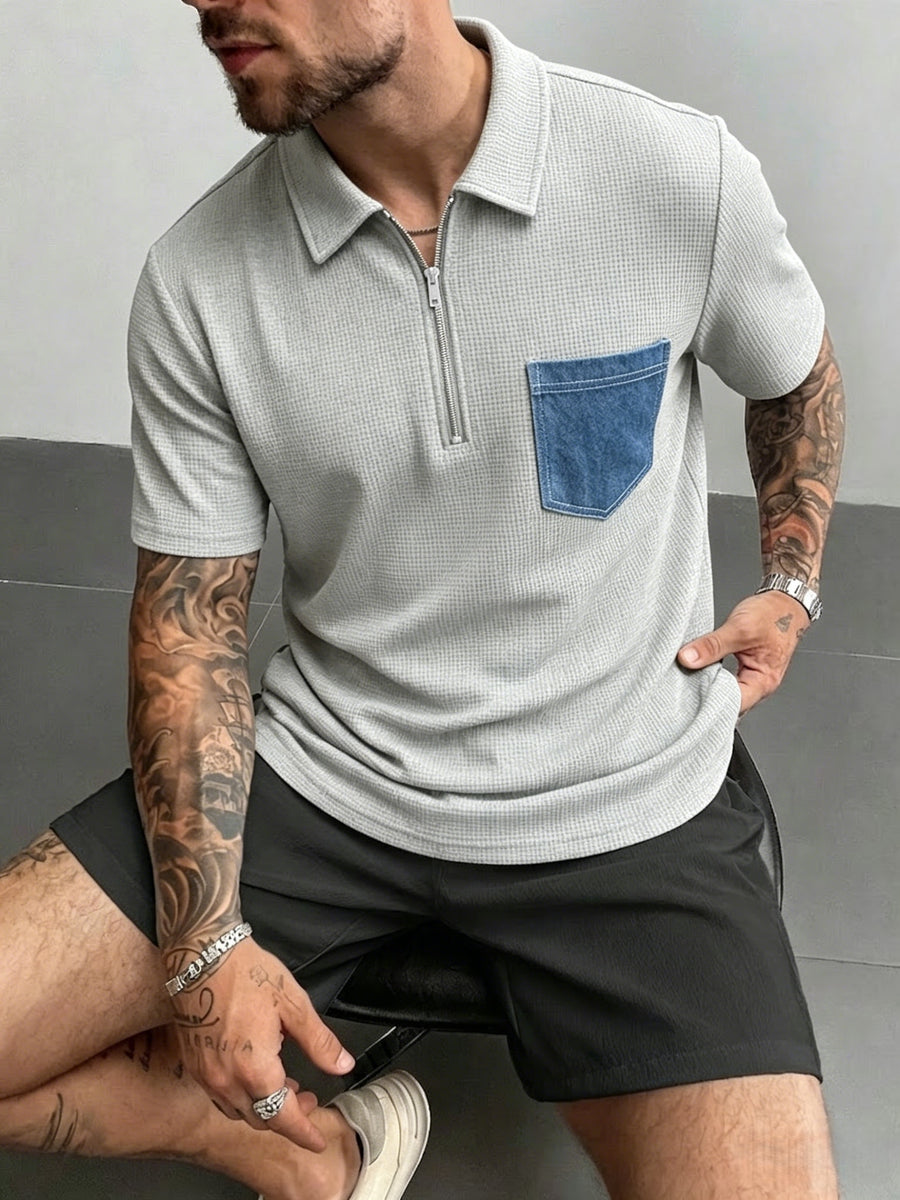 Spring Summer Men'S Easy Half-Zipper Collar Short Sleeve T-Shirt Faux Denim Patch Pocket Casual Polo Shirt Comfortable All-Match - Grey