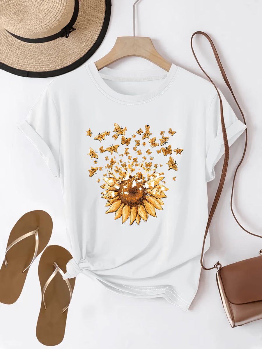 Sunflower Pattern Print - with Bow Design - Casual Round Neck, Short Sleeve, Spring/summer Fashion T-shirt - White 1