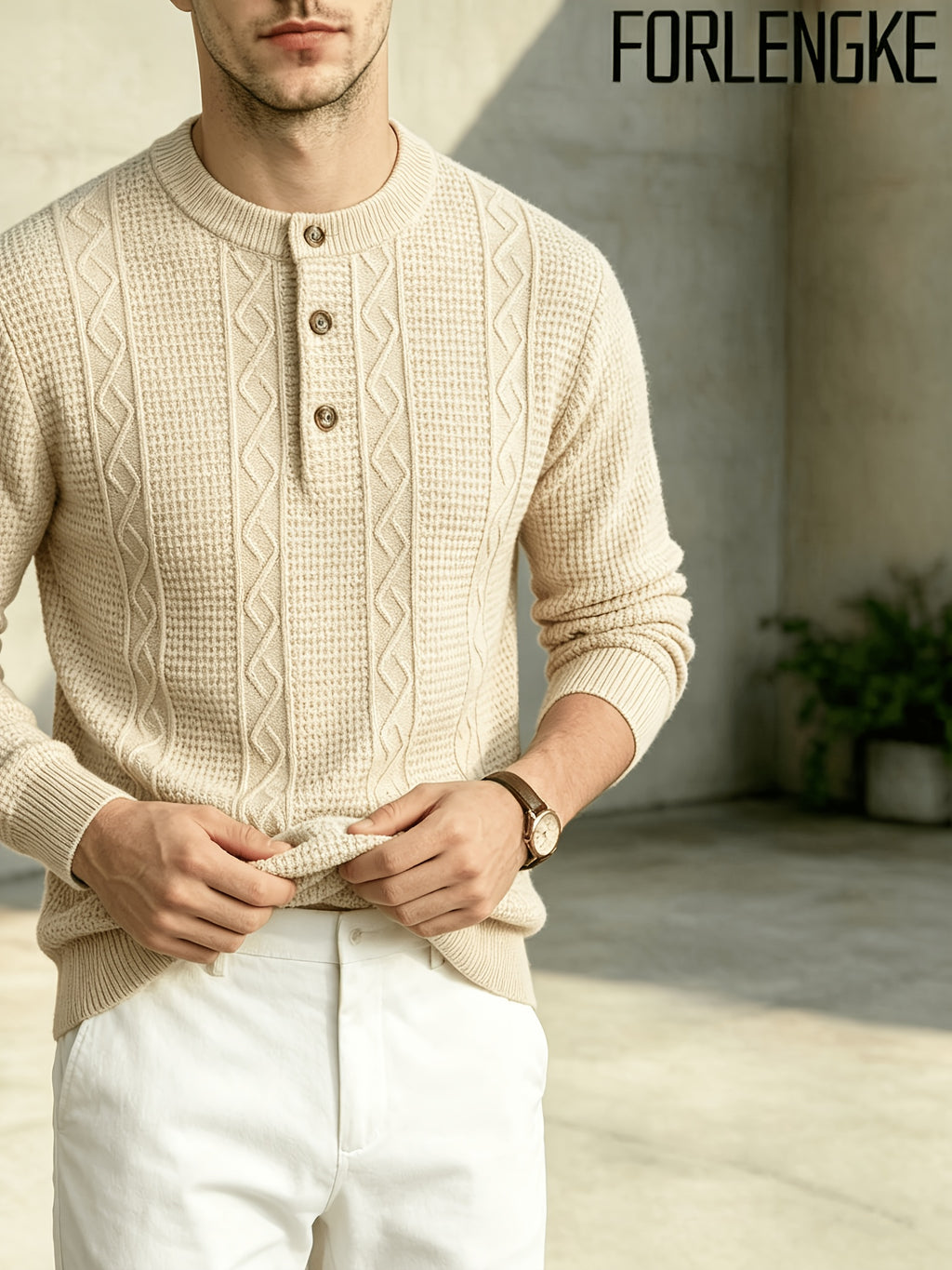 FORLENGKE Men Business Casual Henley Collar Cable Knit Sweater, Soft Warm Long Sleeve Pullover Tops for Autumn Winter Office Daily Wear - Flower Yellow
