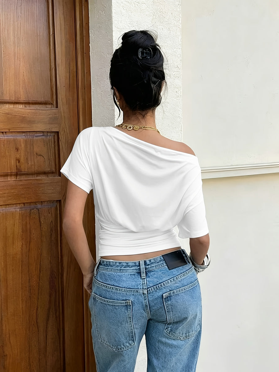 Gauze Off-Shoulder Short-Sleeve Top, Open-Shoulder One-Piece T-Shirt - White