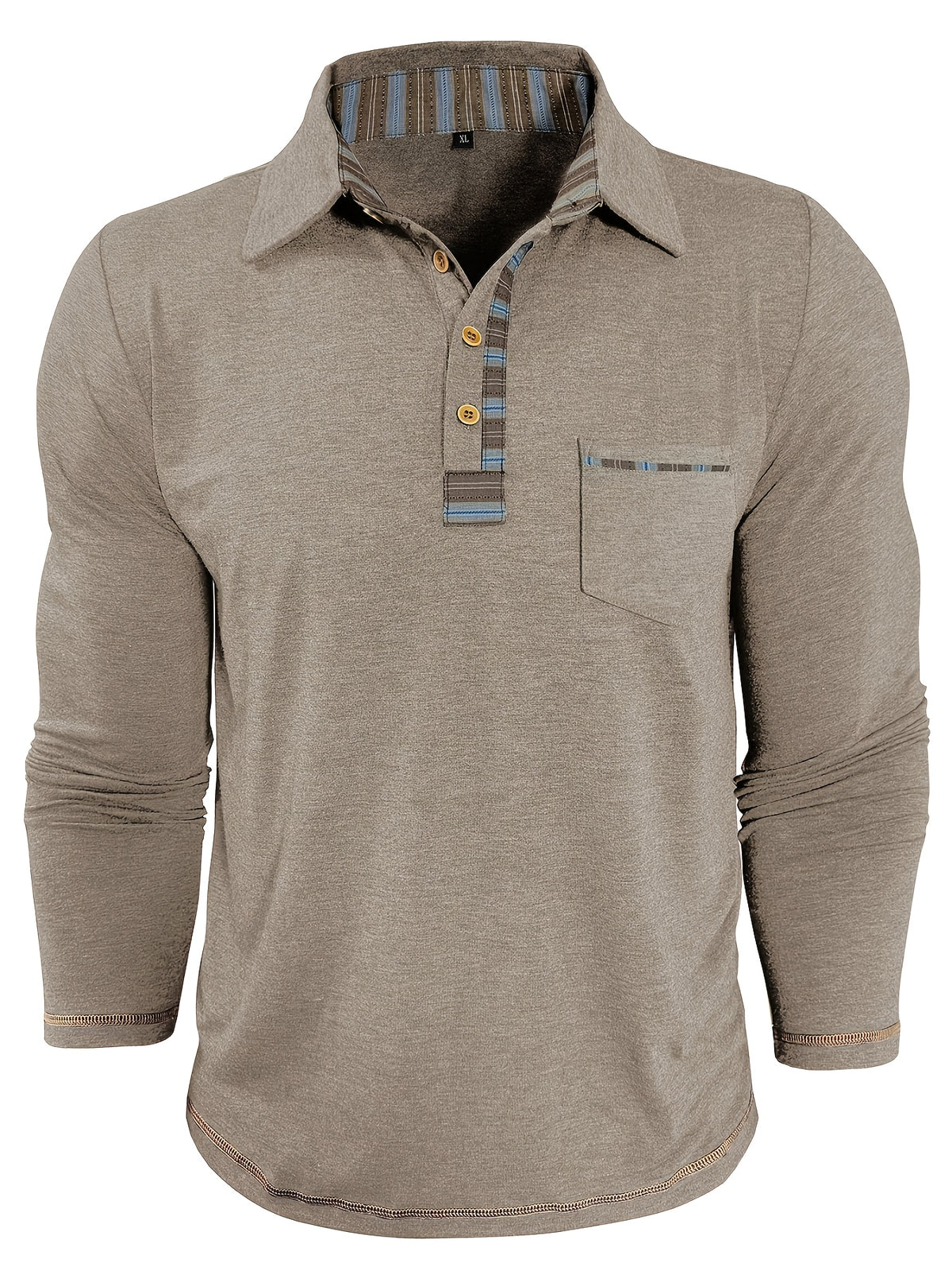 Men'S Retro Trendy Fashion Lapel Long Sleeve Polo Shirt, Casual Stylish Pocket Top T-Shirt - Apricot