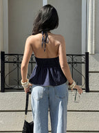 Women'S Vacation Striped Tie-Front Cami, Sexy Off-Shoulder Tank Top - Navy Color