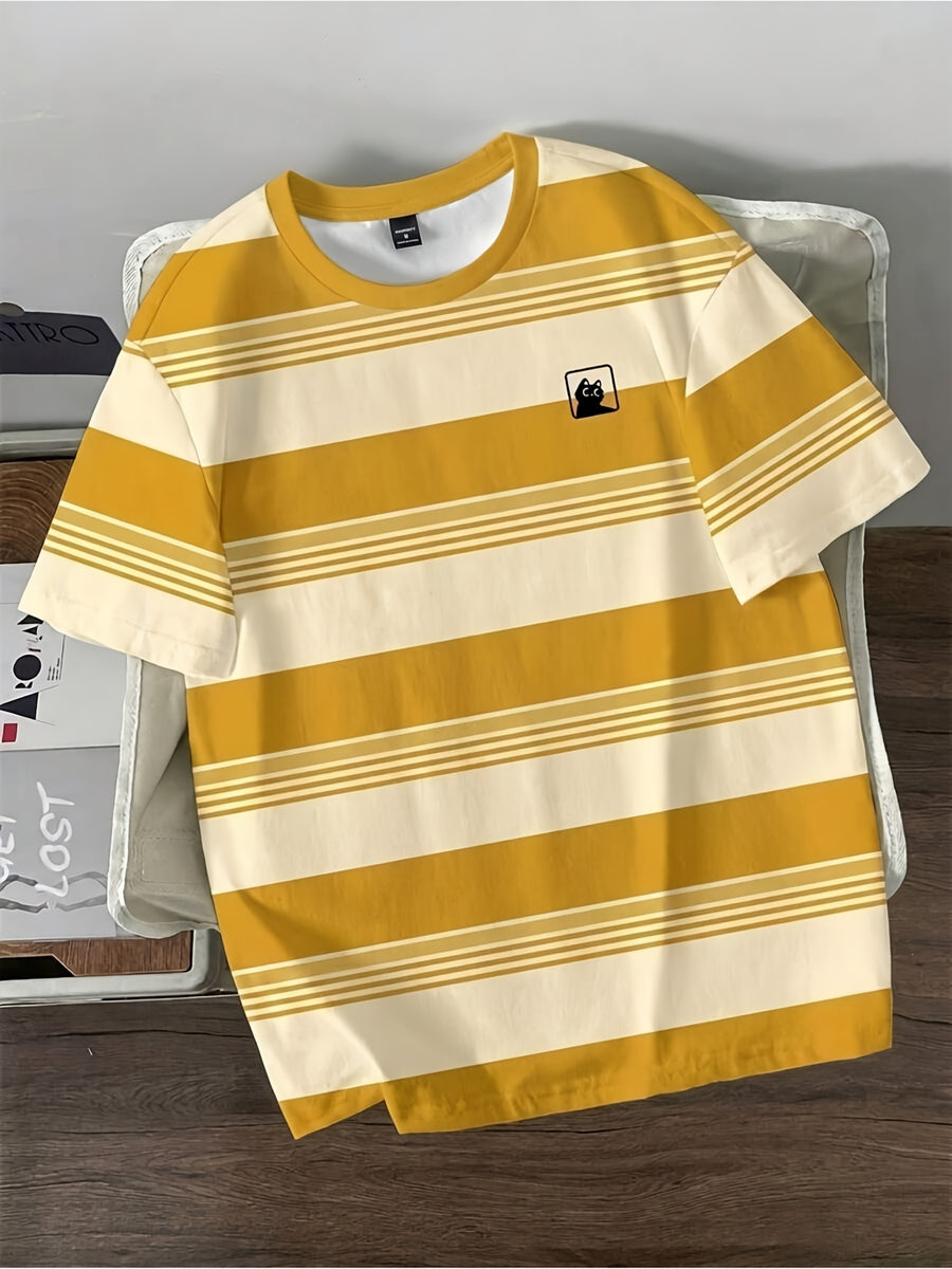 Men'S Casual Striped Cuff Patchwork Round Neck Summer T-Shirt, Comfortable And Breathable [Printed Design - Not Textured] - Mixed Color 8