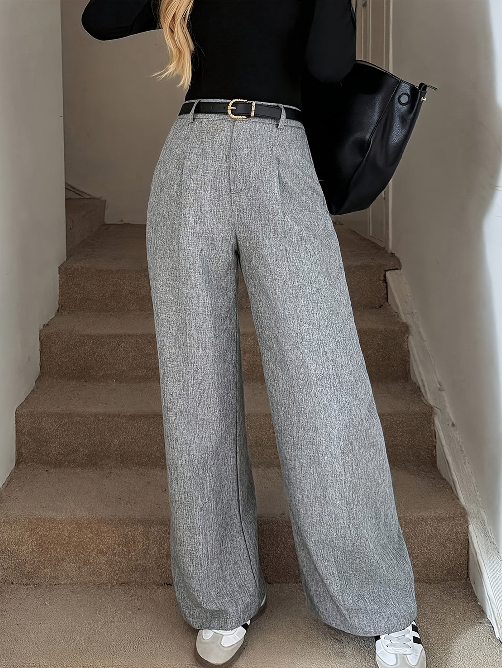 Women's Gray Casual Wide Leg Loose Fit Suit Pants - Silvery Grey