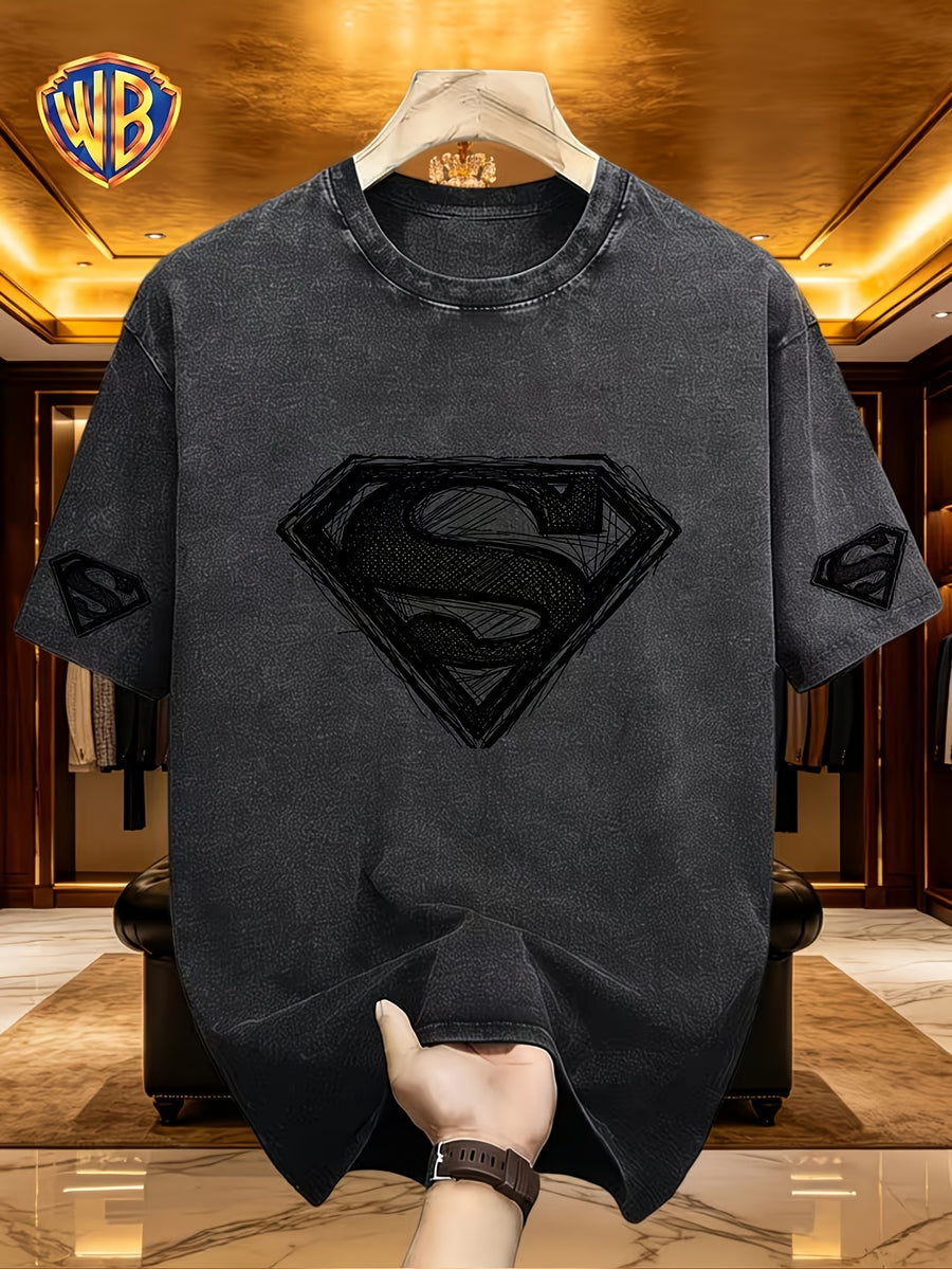 Warner Genuine Superman Hand-Painted Lines S Mark Washed to Make Old Short-Sleeve Men'S Wear, Retro Round Neck T-Shirt, Soft And Breathable, Machine Washable, Men'S Daily Casual Shirt - Black