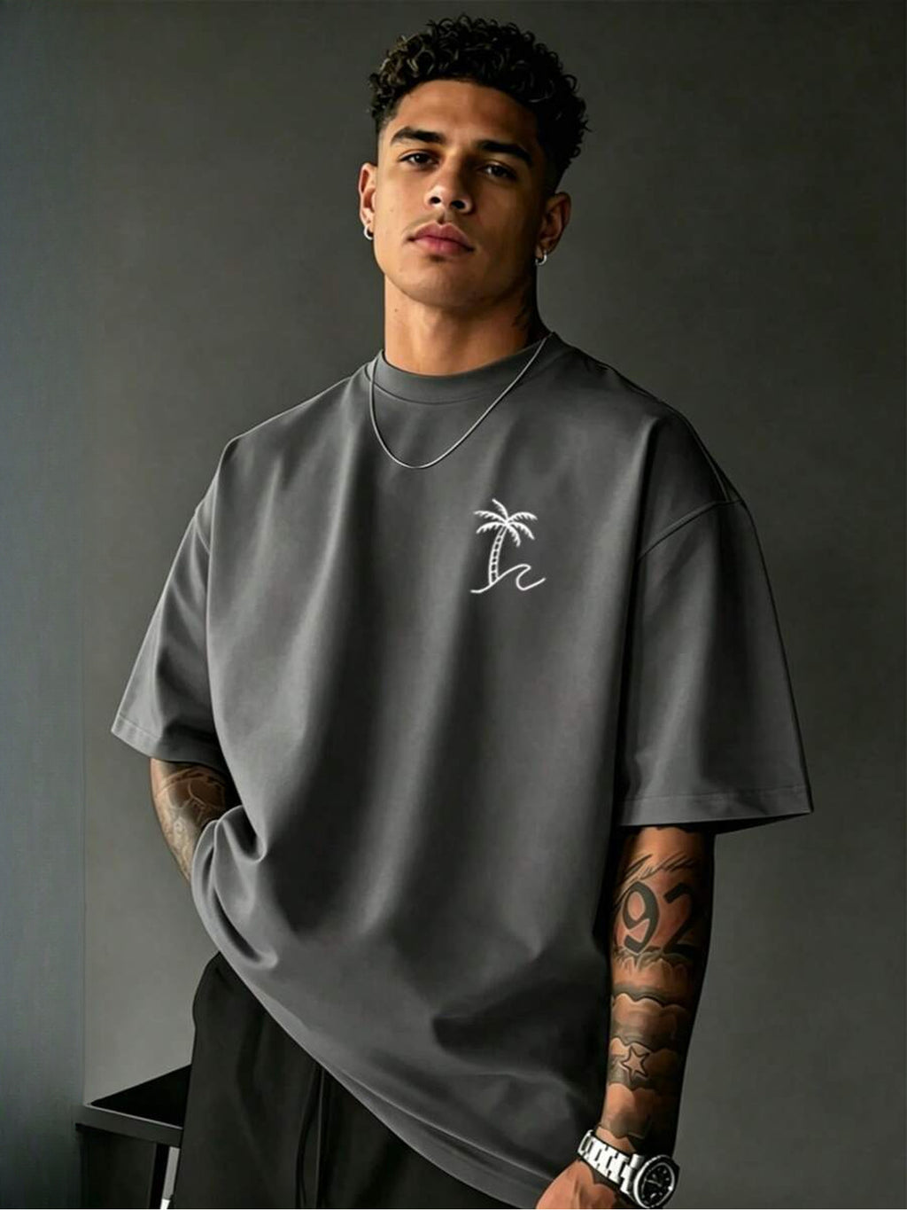 Men'S Round Neck Fashion Palm Tree Print Short Sleeve T-Shirt, Casual Style - Dark Gray