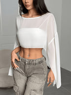 Women'S Solid Color Round Neck Batwing Sleeve Loose Short Shirt, Spring Summer Beach Cover-Up Top - White