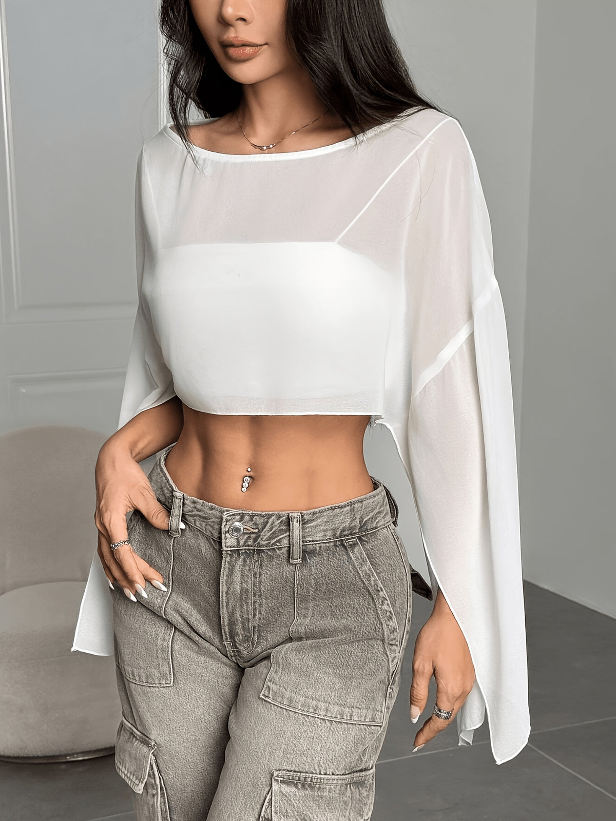 Women'S Solid Color Round Neck Batwing Sleeve Loose Short Shirt, Spring Summer Beach Cover-Up Top - White