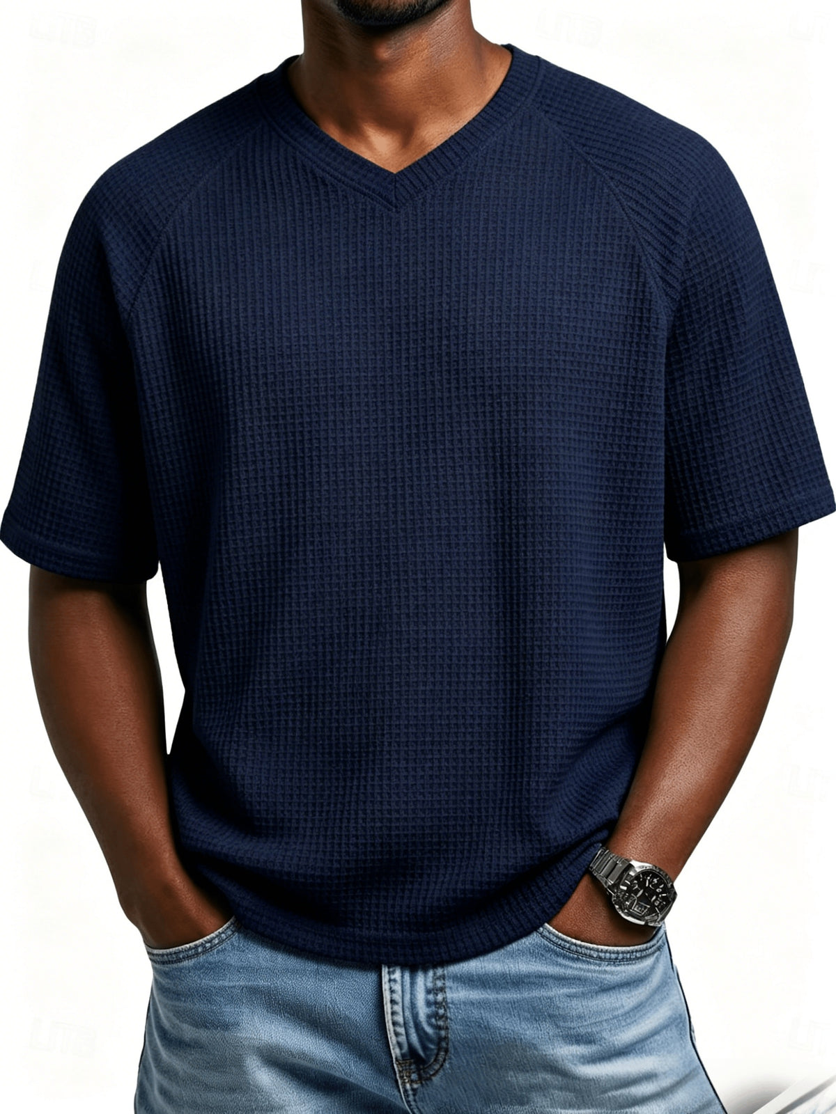 Men's Fashion Waffle Knit Raglan Sleeve V-Neck Short Sleeve Shirt, Men's V-Neck Short Sleeve T-Shirt, Chest Badge with Contrast Color Label, Stylish and Aesthetic - Sea Blue