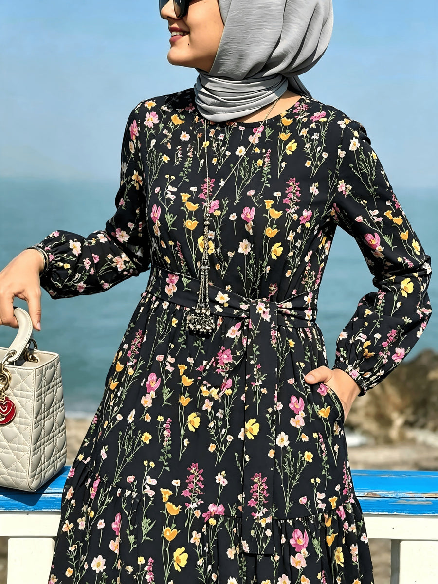 Comfortable Middle Eastern Print Long Dress Robe | Floral Pattern, Long Length, With Belt, Suitable For All Seasons - Black