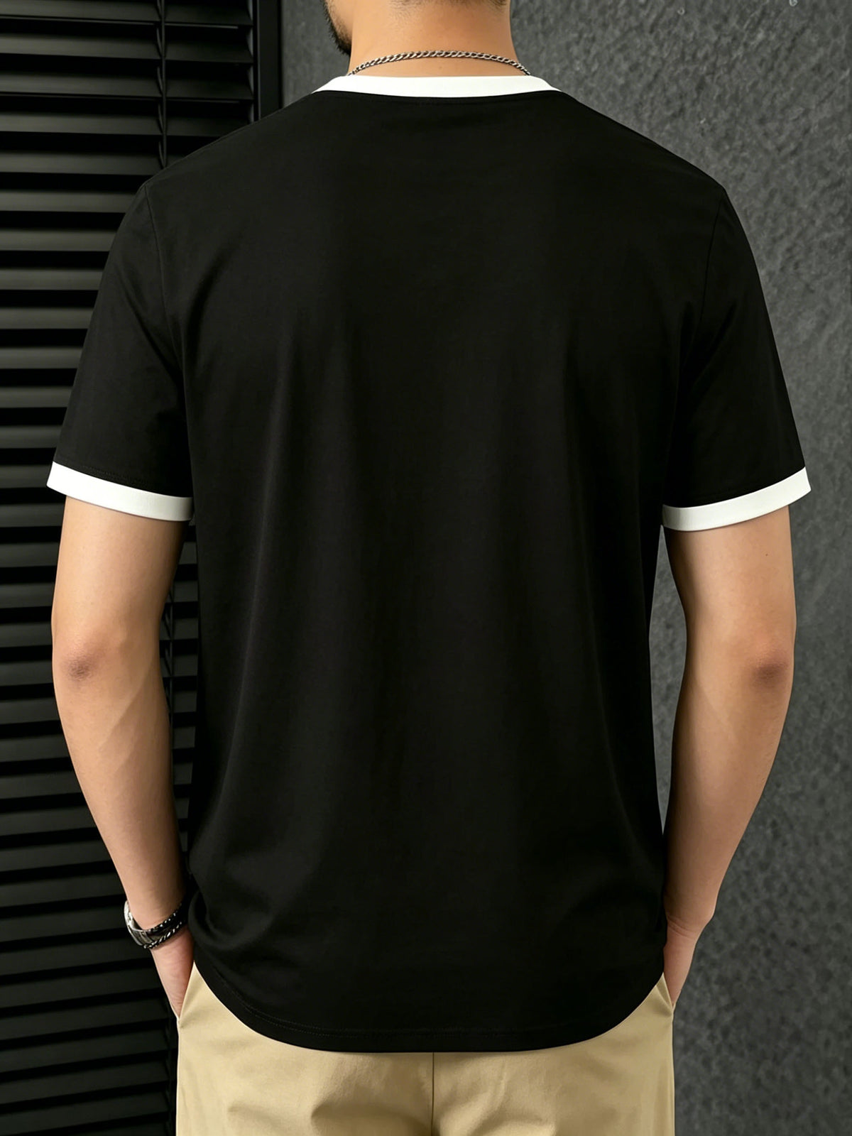 100%, Men'S Knitted Color-Block Round Neck Short-Sleeve T-Shirt, Summer Global All-Season Base Layer Factory Made Men'S Comfortable High-Fit Rate Casual Sports Contrast Patchwork Top - Black And White