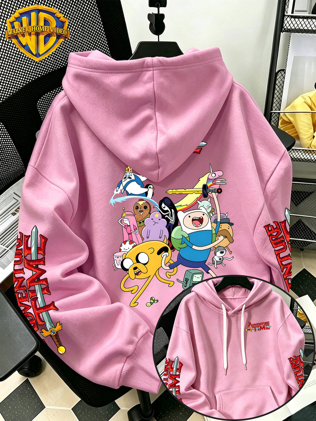 Adventure Time Full Character Cartoon Print Hooded Sweatshirt - Men'S Casual All-Match Pullover, Comfortable Fall/Winter Wear for Sports, Outdoors, Picnics, Travel, Daily/Commute/Home, Perfect Gift for Lovers And Friends - Unisex - Pink Color