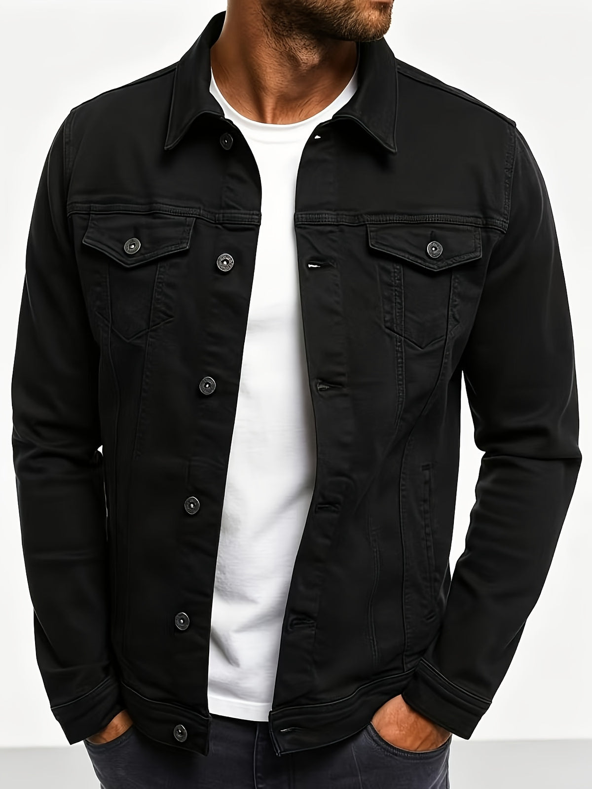 Men's Black Denim Jacket Basic Casual Coat - Black