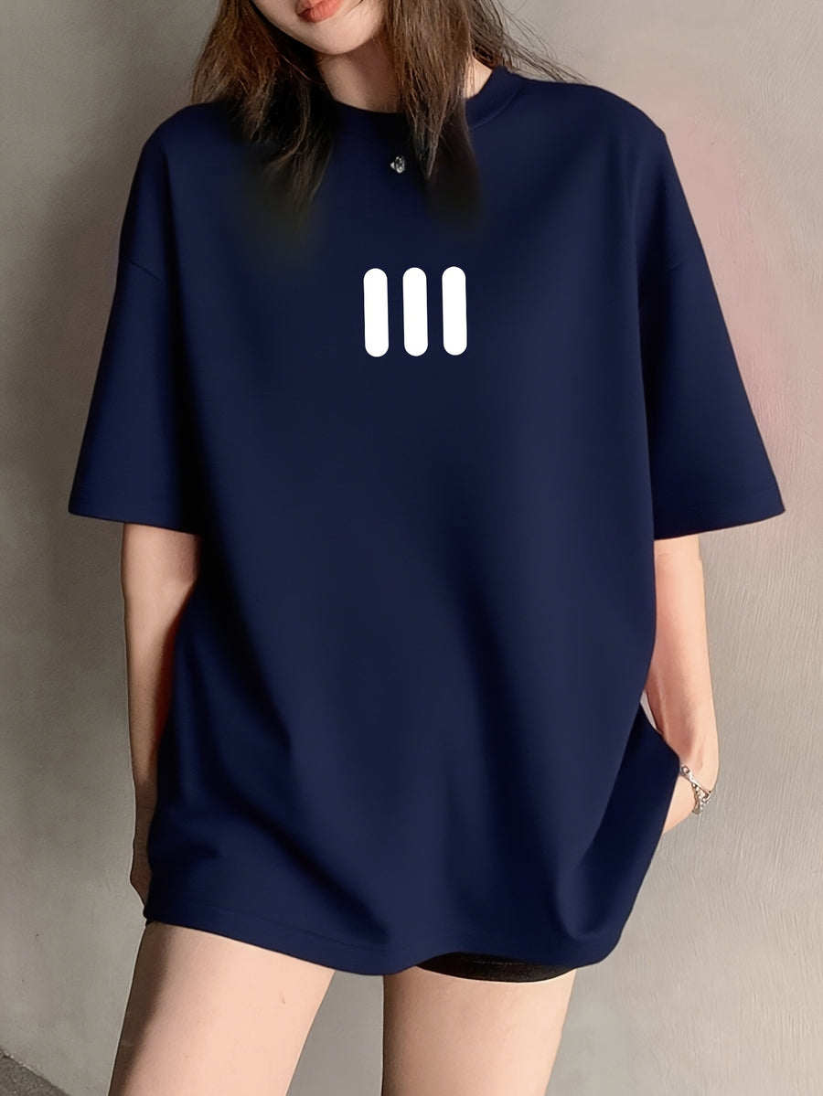 Vintage Fashion Short Sleeve T-Shirt for Women, Summer Cartoon Print Short Sleeve T-Shirt, Pure Short Sleeve T-Shirt Top, Unique Design Niche Chic Loose Fit Top Base Layer #3333 - Navy Color