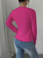 Elegant Women'S Autumn Winter Round Neck Faux Fox Pullover - Rose Red