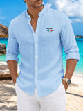 Men'S Autumn Winter New Solid Color Linen-Like Shirt, Roman Letter Print Pattern, Casual Commute Easy Versatile Stand Collar Button-Up Cardigan, Leisure Sports Street Trendy Fashion Business Outing Entertainment Party Old Money Style Outfit - Light Blue