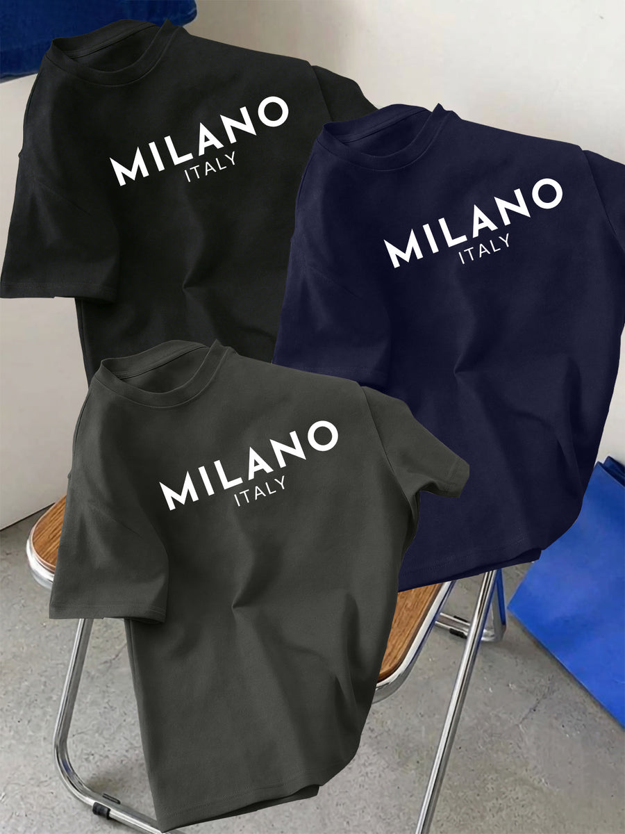 3pcs Set Men's Pure Cotton Short-Sleeve Crew Neck T-Shirt with Milan, Italy Pattern, Suitable for Daily Casual Wear, Comfortable, Soft, Breathable, Summer Essential - Dark Gray+Navy Blue+Black