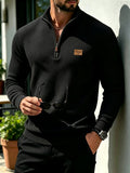 [Saa Xing OBM] Men'S Fashionable All-Match Top, Checkered Texture Half-Zip Stand Collar Long Sleeve Shirt, Casual Pullover Sweatshirt Knitwear, Knit Solid Color Long Sleeve Daily Casual, Sports Fitness Fashion All-Match - Black