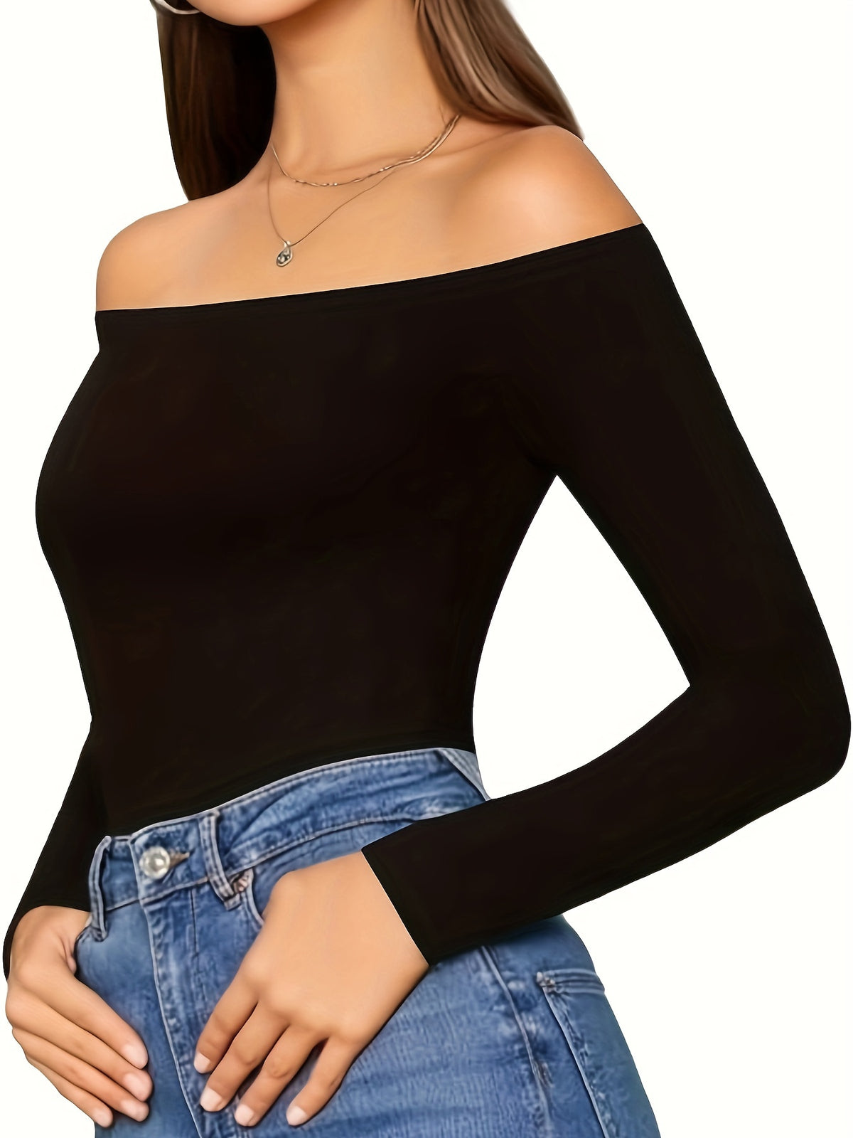 Women'S Bodycon Shapewear Tummy Control Panties Seamless Long Sleeve Off-The-Shoulder Top Jumpsuit Sexy Bodysuit - Black
