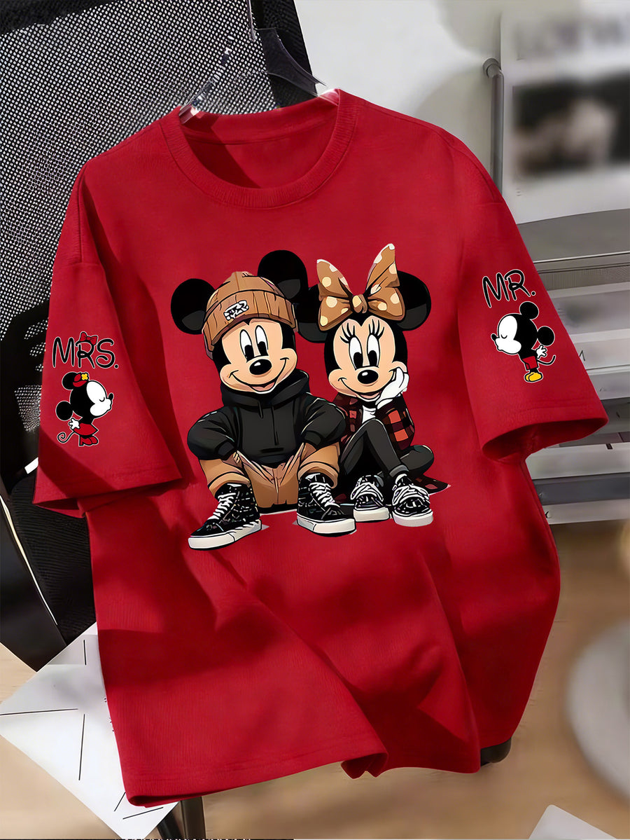 Disney Licensed Women'S Popular Printed Graphic T-Shirt Featuring Mickey And Minnie in a Trendy Street Style. This Short-Sleeve, Round-Neck Tee Has Multiple Prints on The Sleeves - Red