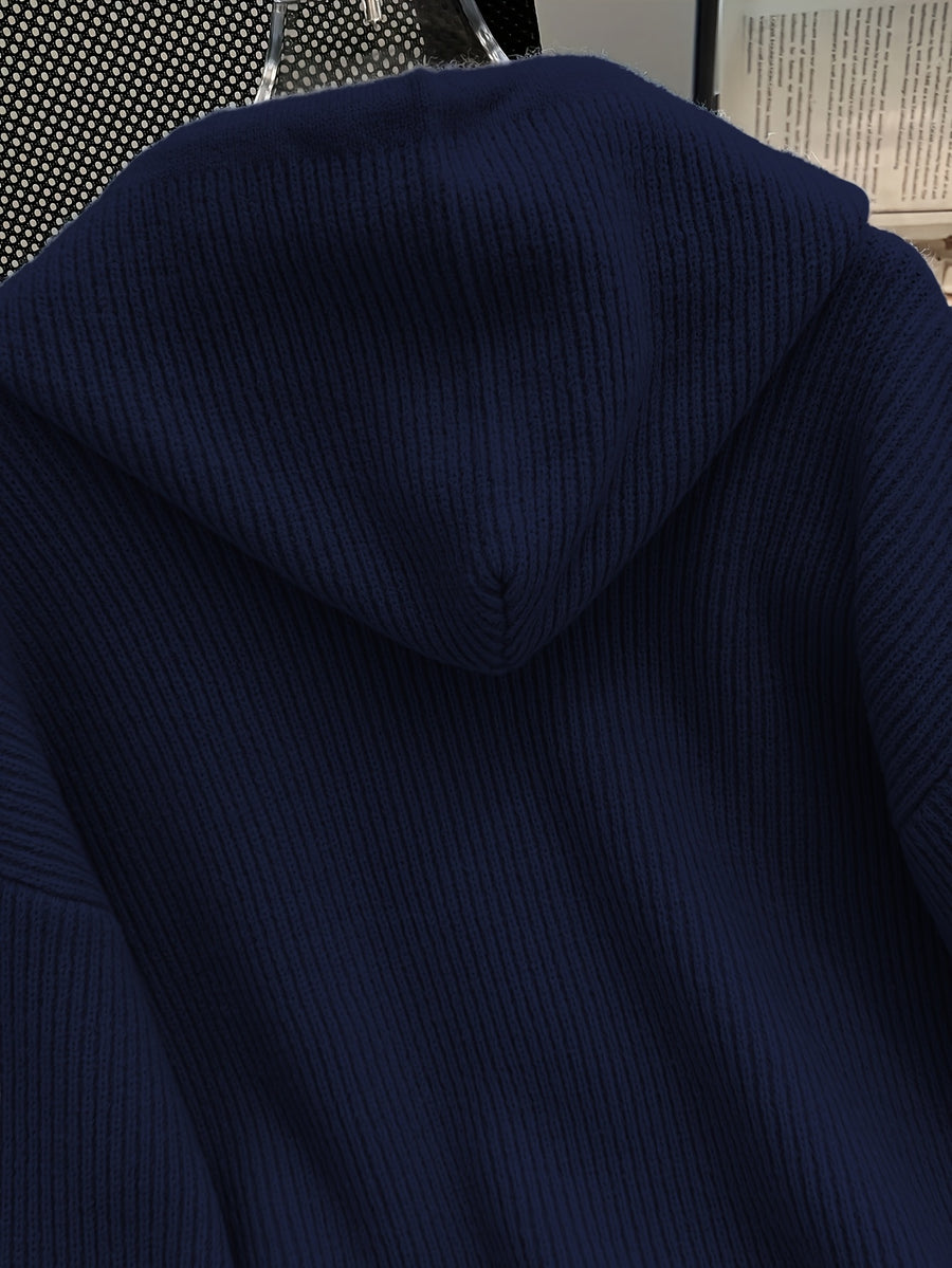 Autumn And Winter Hooded Cardigan, Solid Color Casual Easy Button-Up Sweater, Soft And Comfortable Elegant Women'S Clothing - Navy Color