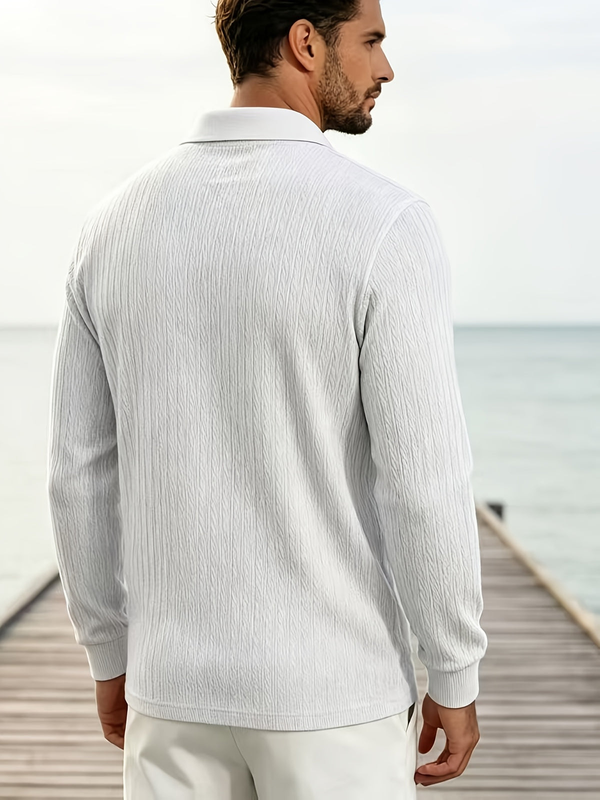 2026 New Men's Long-Sleeve Polo Shirt, Jacquard Texture Lapel Top, Casual Three-Button Knitted Business Versatile Long-Sleeve T-Shirt - White