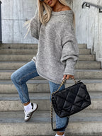 Women'S Fall Winter Casual Fashion Temperament Commute Versatile Easy Solid Color Large Round Neck Cross-Wear Sleeve Cuffed Design Loose Pullover Top - Grey