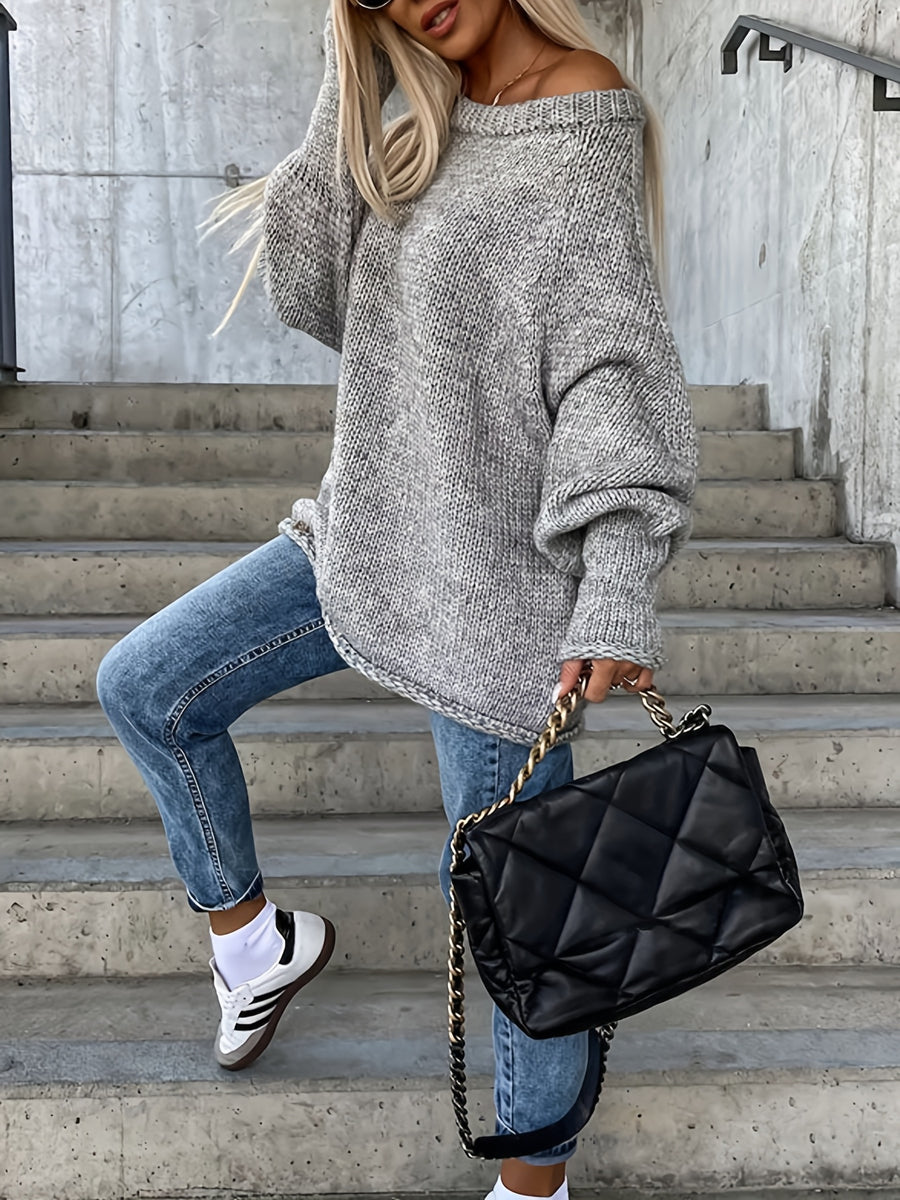 Women'S Fall Winter Casual Fashion Temperament Commute Versatile Easy Solid Color Large Round Neck Cross-Wear Sleeve Cuffed Design Loose Pullover Top - Grey