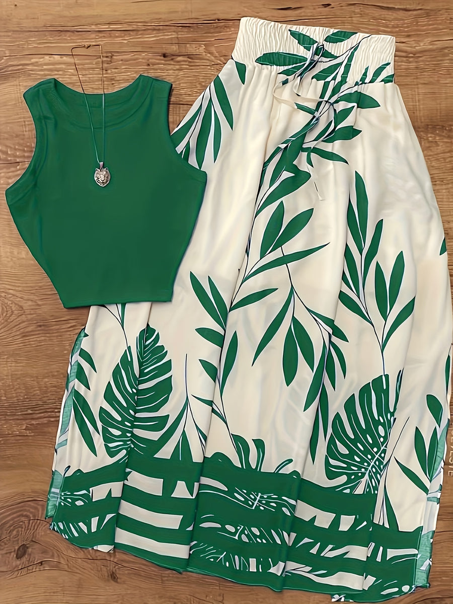 Summer Women'S Daily Vacation Floral Print Skirt And Solid Color Sleeveless Top 2pcs Set - Mixed colors