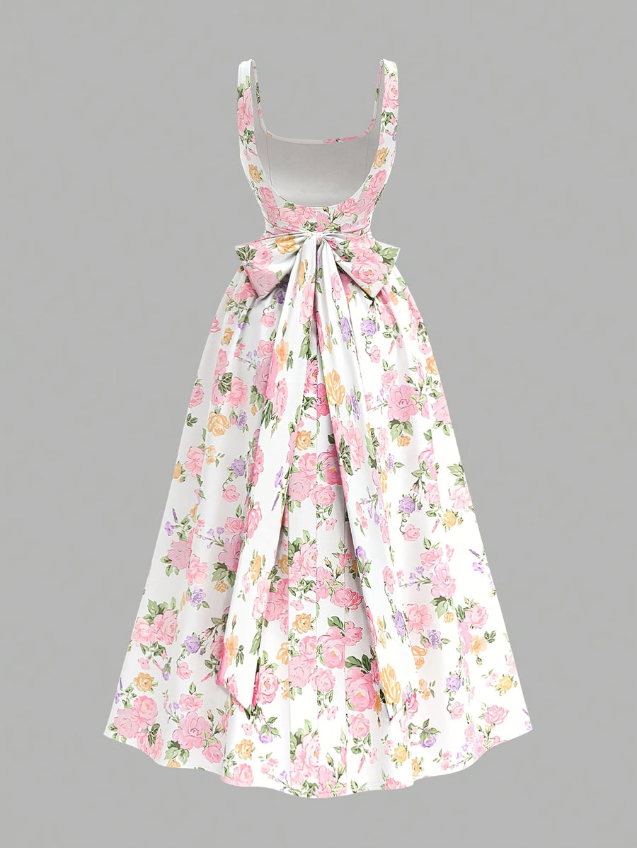 Women'S Elegant Back Bow Floral Print Dress - Mixed colors