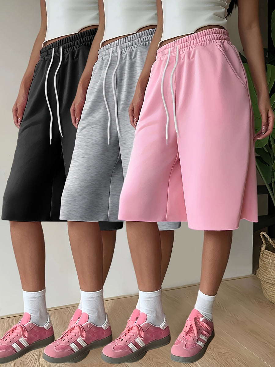 3pcs Women'S Summer Casual Drawstring Shorts - Straight Leg, Solid Color, Drawstring Waist, Comfortable & Stylish for Casual Attire, Casual Summer Wear | Straight Leg Shorts | Comfortable Fit - Black+gray+pink