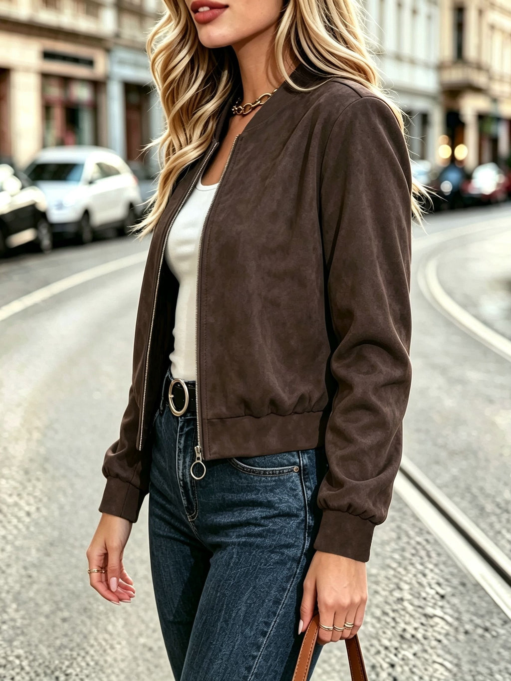 Casual Solid Suede Texture Long Sleeve Jacket, Autumn New Fashion Versatile Coat - Coffee Color