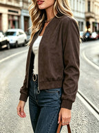 Casual Solid Suede Texture Long Sleeve Jacket, Autumn New Fashion Versatile Coat - Coffee Color