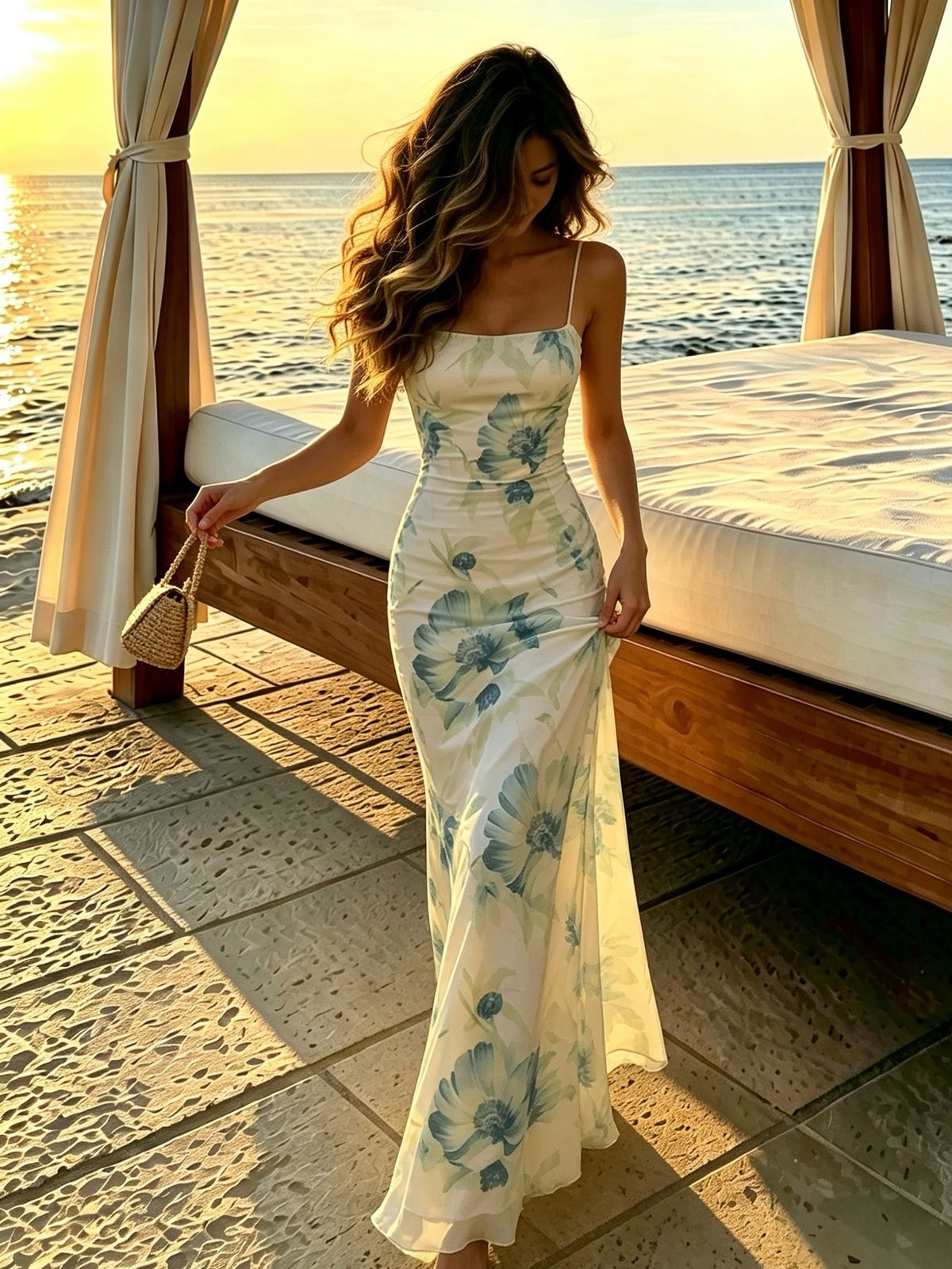 Women's New Style Pure Desire Ink Green Floral Camisole Maxi Dress with Criss-Cross Straps, Large Open Back, Slim Fit, Hip-Hugging, Mermaid Cut, Vacation Dress - Light Green