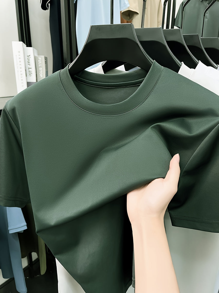 NERPOLO Men's Solid Color Short Sleeve T-Shirt - Round Neck Casual Summer Tee with Suitable for Middle-Aged, Regular Fit Breathable Shirt, Hand Washable Solid Color Round Neck Half-Sleeve Blouse for Casual Attire (No Transparency) - Dark Green