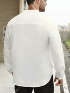 Men'S Solid Color Stand-Collar Linen Long Sleeve (2pcs Set), Breathable And Comfortable, Suitable for Spring And Autumn - Light White+Black Color