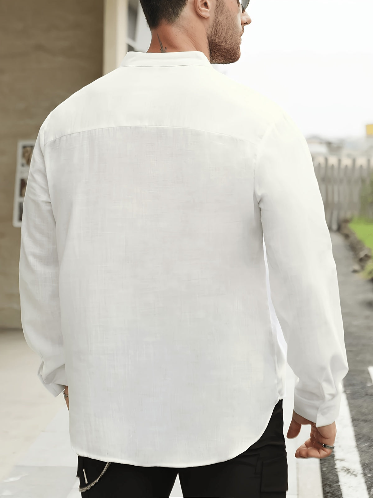 Men'S Solid Color Stand-Collar Linen Long Sleeve (2pcs Set), Breathable And Comfortable, Suitable for Spring And Autumn - Light White+Black Color
