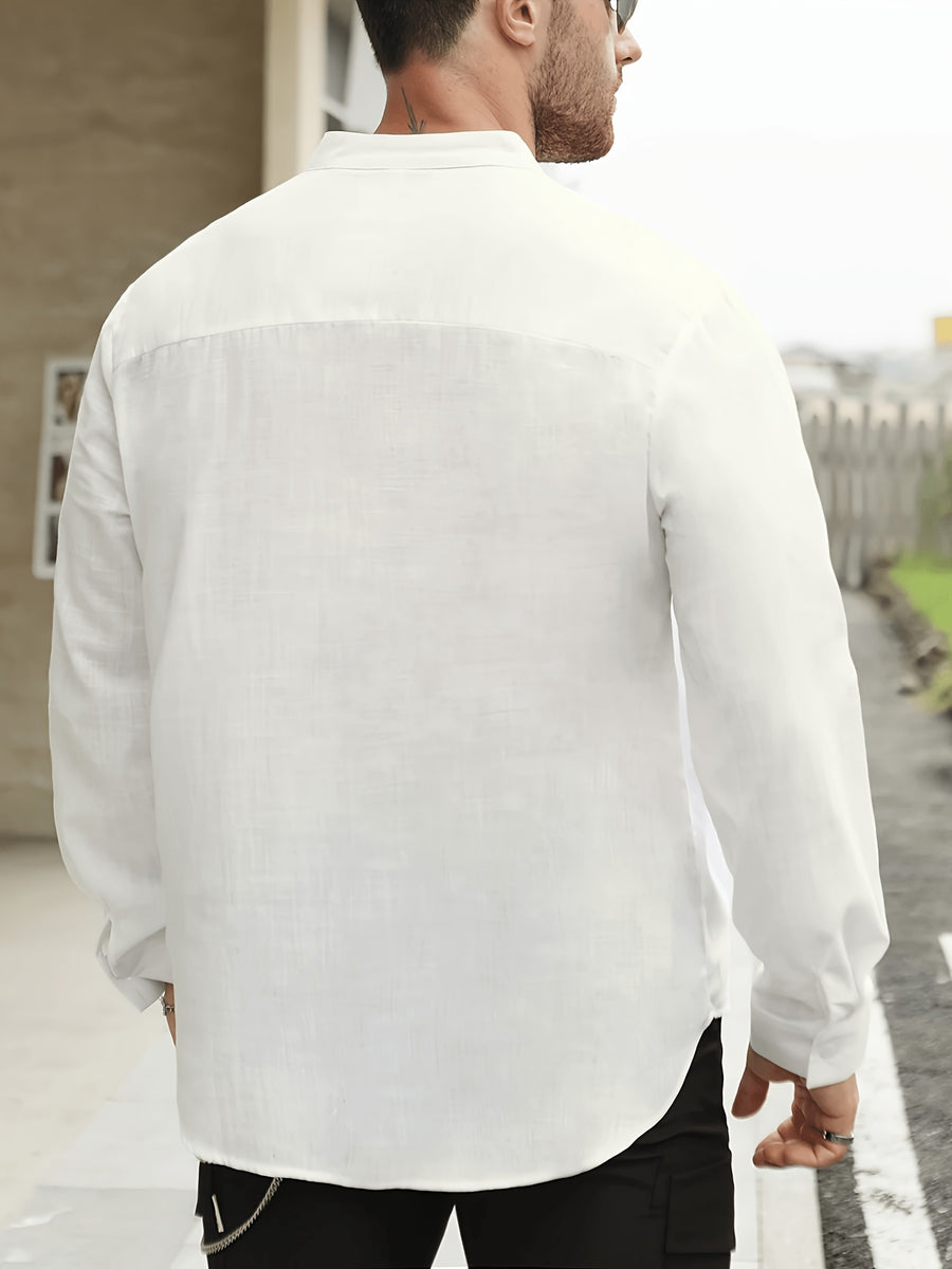 Men'S Solid Color Stand-Collar Linen Long Sleeve (2pcs Set), Breathable And Comfortable, Suitable for Spring And Autumn - Light White+Black Color