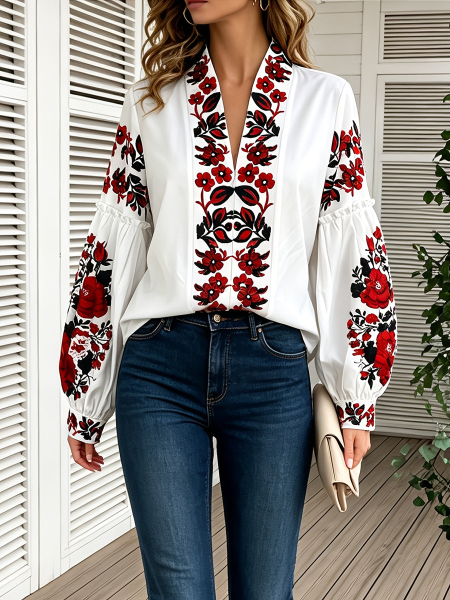 Spring Summer Fashion Elegant Floral Print V-Neck Lantern Sleeve Women'S Long Sleeve Shirt - Red